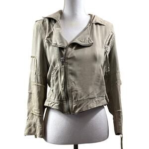 Pam & Gela green utility jacket, edgy, urban casual, distressed moto, laid-back